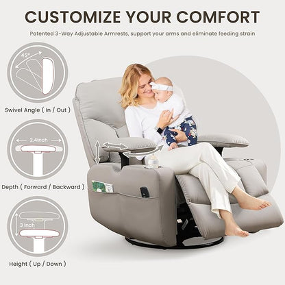 GRAINELL Rocking Chair Nursery, Electric Swivel Recliner Glider with Adjustable Armrests, Nursing Chair with USB Charger, Cup & Blanket Holders,Grey PU Leather