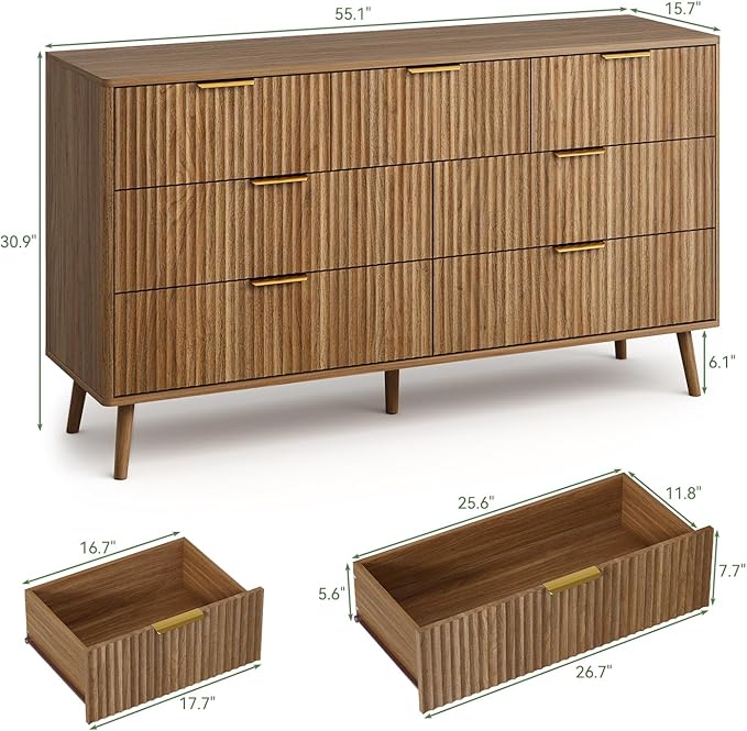 LYNSOM Fluted Dresser and Nightstand Sets 3 Piece, 7-Drawers Dresser and 1-Drawer Nightstands Set of 2, Wood Bedroom Furniture Set for Home, Bedroom, Hallway, Natural Oak