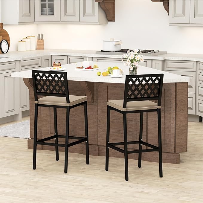 COSTWAY Outdoor Bar Chairs Set of 4, Armless Heavy-Duty Metal Frame Counter Height Chairs with Removable Cushions, Footrest, Ergonomic Backrest, Upholstered Barstools for Patio, Poolside, Backyard