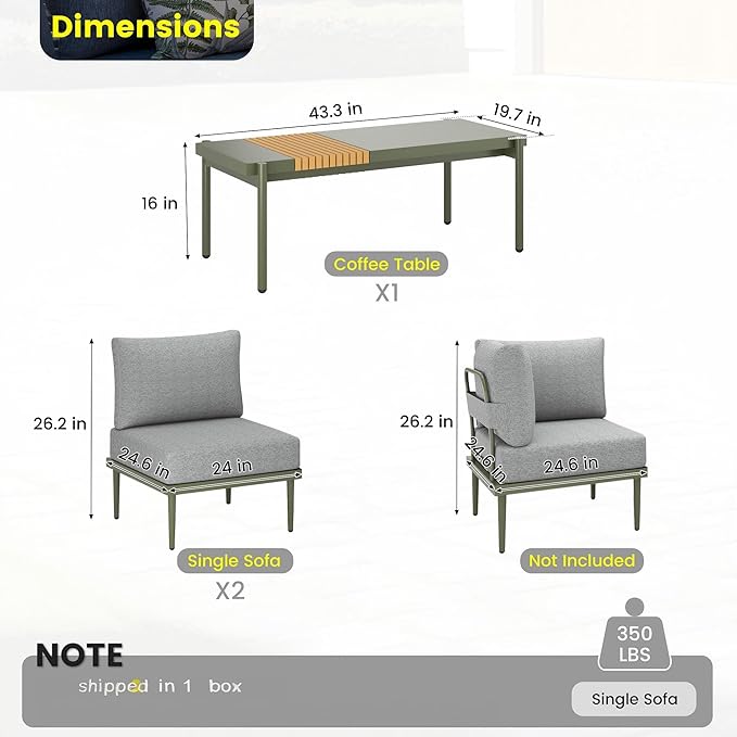 Sundale Outdoor 3 Pieces Patio Furniture Set, Metal Outdoor Sectional Sofa with 6 Inch Olefin Cushion and Coffee Table, All-Weather Modern Outdoor Conversation Sets (Green Frame)