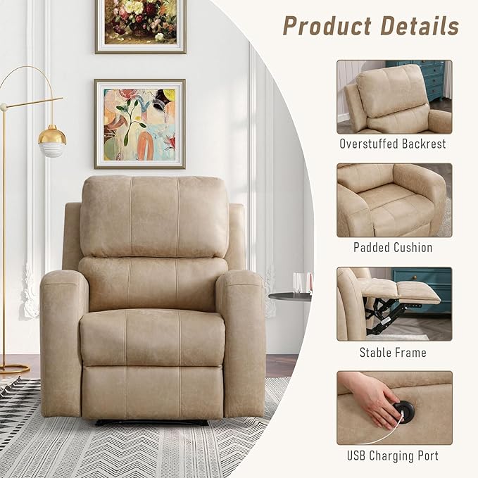 Electric Recliner Chair, Soft PU Leather Power Recliners with Padded Backrest, Single Overstuffed Heavy Duty Reclining Sofa for Living Room Bedroom
