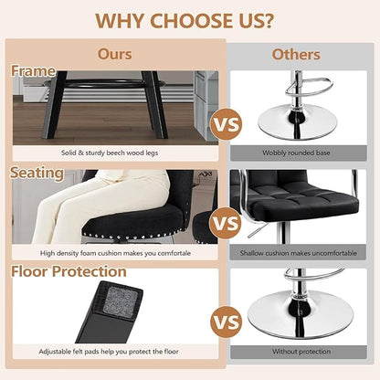 MINCETA Bar Stools Set of 4, 26 Inch Upholstered Barstools with High Back and Footrest, Swivel Counter Height Barstools for Kitchen Island Home Bar Black