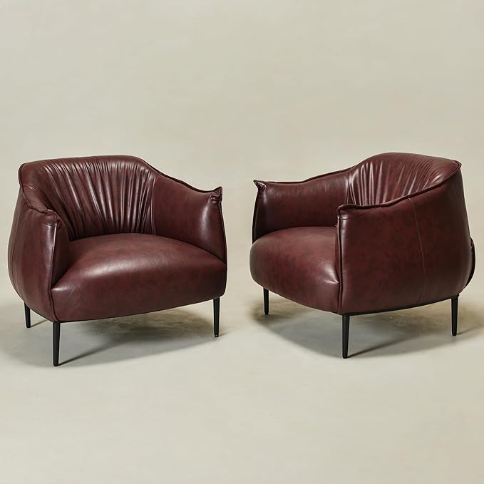KINWELL 33" W Faux Leather Barrel Chairs Set of 2 with Hand-Tufted Pleated Back Flared Arms, Modern PU Upholstered Accent Chairs with Metal Legs, Large Armchairs Lounge Chairs for Living Room, Red
