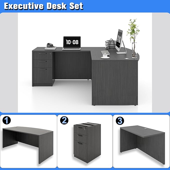 82.67" x 66.93" Bow Front L-Shaped Executive Desk with 3-Drawer File Cabinet (Gray)