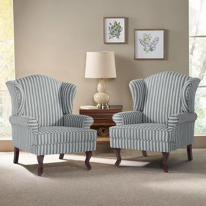 Pia Ricco Stripe High Back Floral Accent Chair, Upholstered Fabric Armchair with Solid Wood Legs - Retro Living Room Reading Chair, Comfortable Single Sofa Seat-Gray