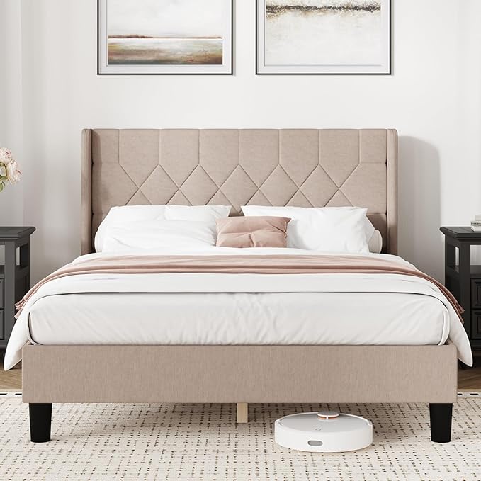 Novilla Full Size Bed Frame, Full Bed Frame with Headboard, Linen Upholstered Pull-Point Wing Side Headboard, No Box Spring Needed, Heavy Duty Feet, Easy Assembly, Beige