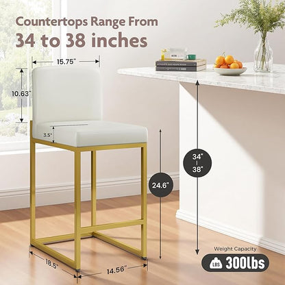ALPHA HOME 24 Inch Bar Stools Set of 2, Kitchen Counter Stools with Backs, PU Leather Barstools, White Bar Stools with Upholstered Footrest, Sturdy Chromed Metal Steel Frame, White