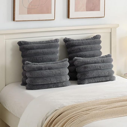 FUTEI Dark Grey Decorative Throw Pillow Covers 26x26 Inch Set of 2, Square Soft Faux Rabbit Fur Big Striped Pillow Sham,Home Decor for Couch Sofa Bed Living Room