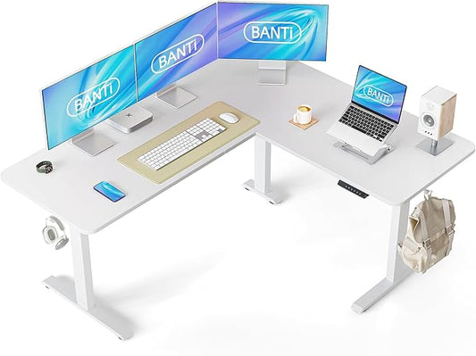 BANTI L-Shaped Standing Desk - 63 x 55 Inch Adjustable Corner Standing Desk with Charging Station - L Shape Sit Stand Table with Memory Controller, Splice Board for Home Office