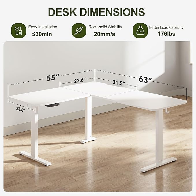BANTI L-Shaped Standing Desk - 63 x 55 Inch Adjustable Corner Standing Desk with Charging Station - L Shape Sit Stand Table with Memory Controller, Splice Board for Home Office