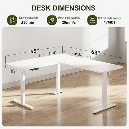 BANTI L-Shaped Standing Desk - 63 x 55 Inch Adjustable Corner Standing Desk with Charging Station - L Shape Sit Stand Table with Memory Controller, Splice Board for Home Office