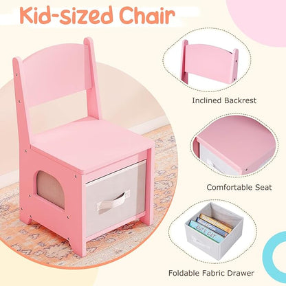 Costzon Kids Vanity with Lights, Girls Vanity Set with Mirror, Storage Drawers, Cabinet & Shelves, Toddler Makeup Vanity Desk Dressing Table, Wooden Kids Vanity Table and Chair Set (Pink)