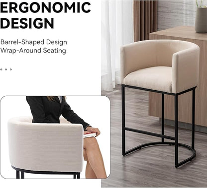 Contemporary Cream Linen Bar Stools Set of 4, 29" Upholstered Fabric Counter Height Barstools Kitchen Counter Island Stools with Screwed Together Black Metal Base
