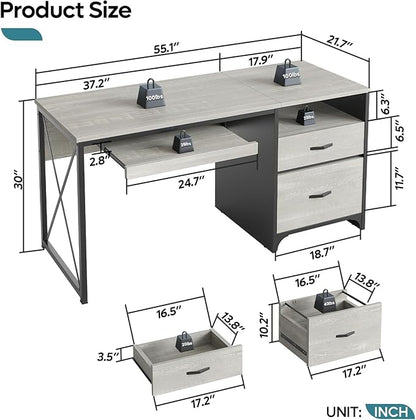 Bestier Office Desk with Drawers, 55 inch Industrial Computer Desk with Storage, Wood Teacher Desk with Keyboard Tray & File Drawer for Home Office, Wash White