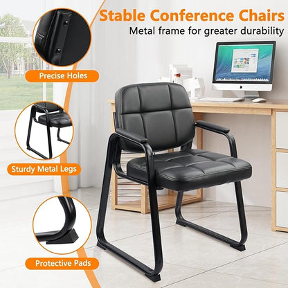 CLATINA Waiting Room Chairs no Wheels with Padded Arms Leather Guest Chair for Office Reception and Conference Desk with Sled Base Black, 4PK