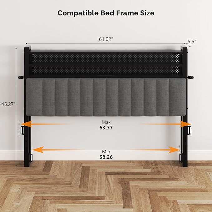 VINGLI Queen Size Headboard Only, Adjustable Upholstered Headboard with 3 Tier Shelves and Pegboard with Charging Stations and LED Lights, Modern Bed Headboard with Storage for Bedroom Decor