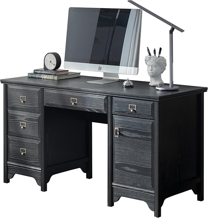 Chogori 55" Solid Wood Executive Desk, Farmhouse Office Computer Desk with 5 Drawers & Storage Cabinet, Wooden Writing Table for Home Office Study Bedroom, Black