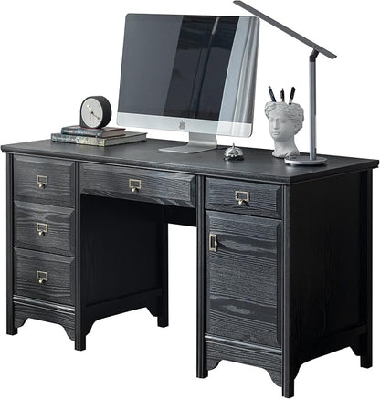 Chogori 55" Solid Wood Executive Desk, Farmhouse Office Computer Desk with 5 Drawers & Storage Cabinet, Wooden Writing Table for Home Office Study Bedroom, Black