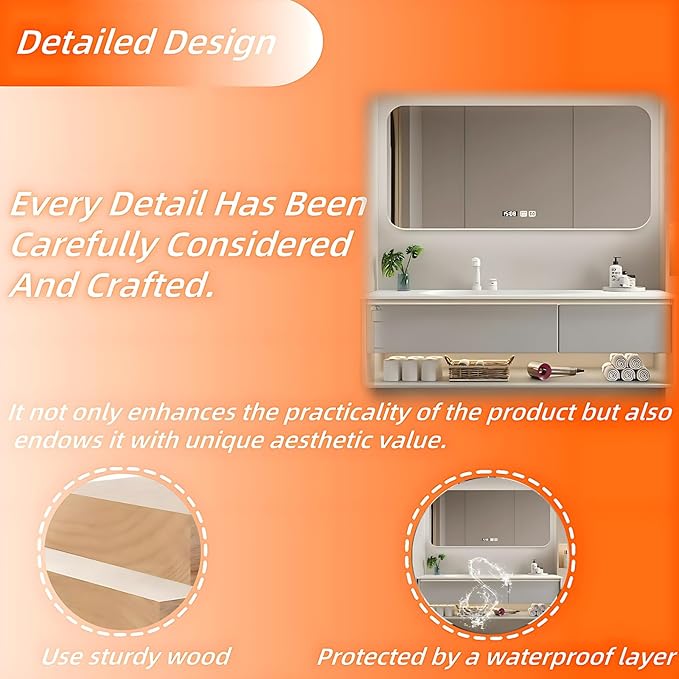 56IN Grey Bathroom Vanity Set - Floating Bathroom Vanity with Single Sink | Including LED Smart Defogging Mirror Cabinet & Time Display Function, Equipped with Motion Sensing Light Strip (Style B)