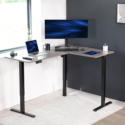 VIVO Corner Standing Desk, 63 x 47 inch Reversible L-Shaped Workstation, Electric Height Adjustment, Home, Office, and Reception Rooms, Dark Gray Table Top Black Frame, DESK-E3CTG-47