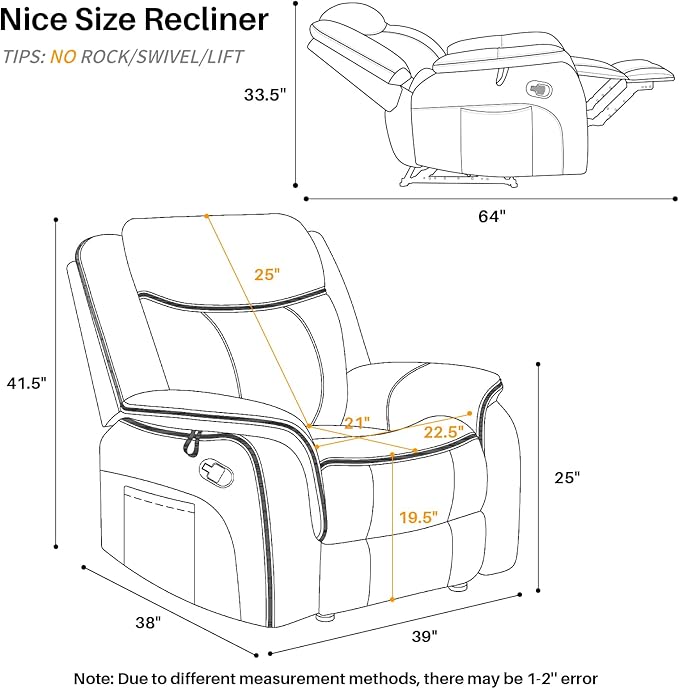 Massage Recliner Chair with Heated, Faux Leather Recliner Chairs for Adults, 39" Wide Manual Reclining Ergonomic Lounge Chair for Living Room with Overstuffed Backrest, Side Pocket, Grey