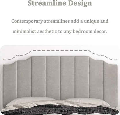 Queen Size Headboard Only, Velvet Wall Mounted Headboard Queen Size for Adjustable Bed, Modern Vertical Channel Design with Curved Tufted Upholstered Head Board and Luxury Soft Padded, Gray