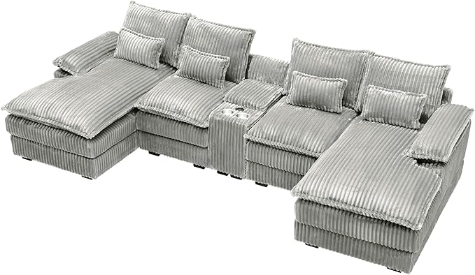 HYJT-H&K 124" U Shaped Cloud Couch Sectional, Comfy Fluffy Plush Corduroy Light Grey Sectional Couches for Living Room, Modern Modular Corduroy Couch Sectionals with Central Console & Double Chaise