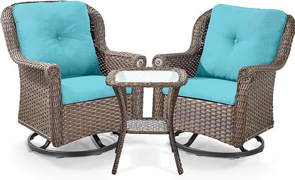 3 Piece Patio Swivel Chairs and Side Table Set - High Back Outdoor Brown Wicker Rattan Rocking Glider with Thick Cushions for Porch Apartment Deck Yard Poolside Garden - Turqoise