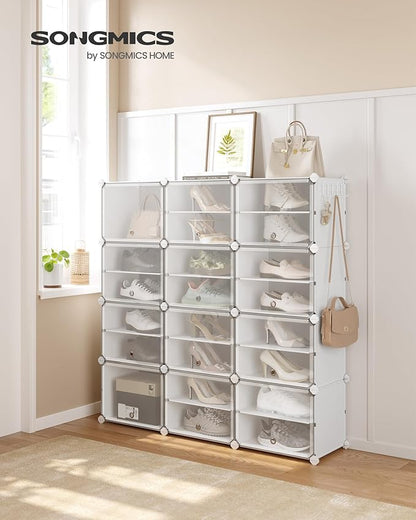 SONGMICS Shoe Rack Organizer, 12-Tier Shoe Storage Cabinet for Closet and Entryway, Holds 48 Pairs of Shoes, Adjustable, Cloud White and Trasparent ULPC040W01