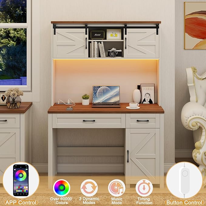 Vabches Farmhouse 47" Executive Desk, Computer Desk with 2 Drawers, Storage Cabinet and LED Light,Charging Hub, Home Office Desk with Hutch, Workstation for Home Office and Study.(Unique White)