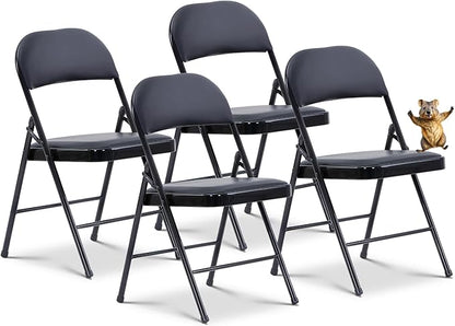 Oline Vinyl Folding Chairs, Padded Vinyl Cushion Chairs with Durable Metal Frame, Indoor Outdoor Stackable Foldable Guest Chairs for Office Wedding Kitchen Dining, 300lb Capacity (Black, 4 Pack)