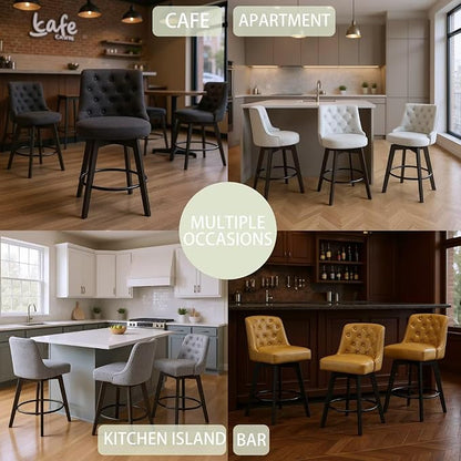 MINCETA Set of 2 Upholstered Bar Stools - 26 Inch Swivel Counter Height Stools with Low Tufted Back, Footrest & Performance Fabric - Round Seat for Kitchen Island & Home Bar Beige