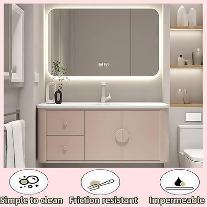 56IN Pink Modern Bathroom Vanity - Bathroom Vanities Set with 2 Drawers Wall Mounted | Rounded Corner Smart Defogging Mirror Cabinet with Lighting & Time Display, Side Opening Storage Shelf (Style A)