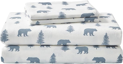 Eddie Bauer - Flannel Sheets Twin Size, Anti-Pilling & Wrinkle Resistant Cotton, Touchably Soft for All-Season Comfort - Bed Sheets with Matching Pillowcase & Fitted Sheet (Bears and Trees Blue)