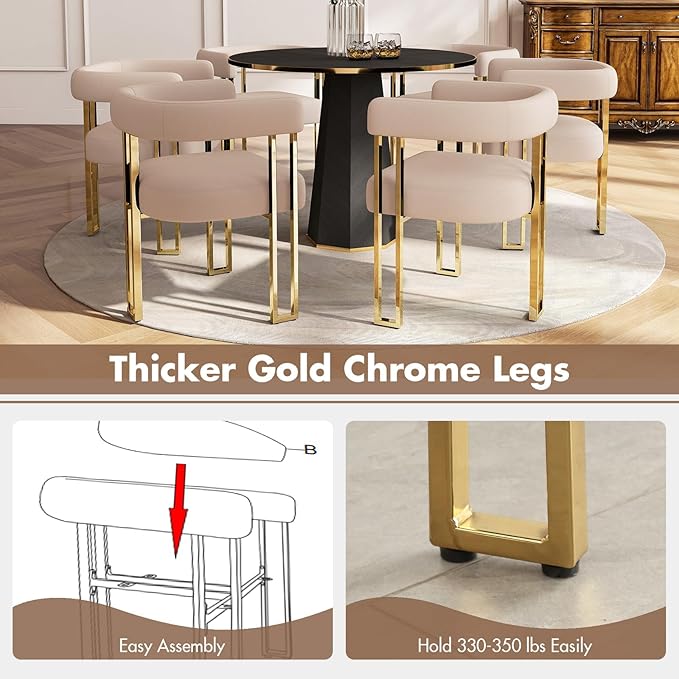 Velvet Dining Chairs Set of 4, Khaki Upholstered Barrel Armchairs with Gold Metal Legs for Kitchen Island, Mid Century Modern Accent Side Chairs for Dining Room and Living Room, Open-Back