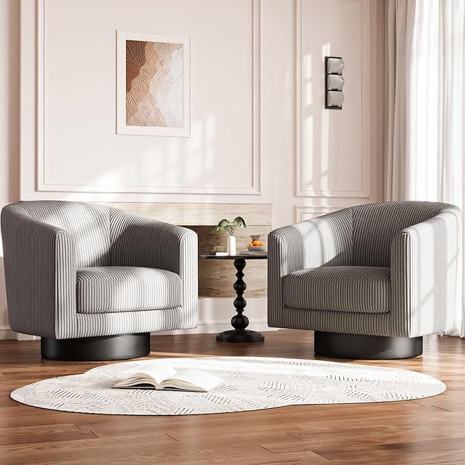 360° Swivel Accent Chairs Set of 2, Modern Bucket Chair, Corduroy Barrel Armchair, Comfy Boucle Chair, Single Sofa for Living Room Bedroom. Dark Grey