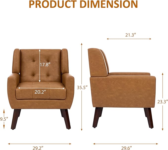 Faux Leather Accent Chairs Set of 4, Mid-Century Modern Upholstered Armchair, Comfy Living Room Chairs Reading Chairs with Button Tufted Back & Solid Wood Legs for Bedroom, Office, Brown