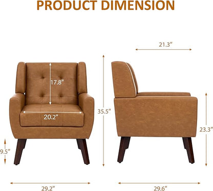 Faux Leather Accent Chairs Set of 4, Mid-Century Modern Upholstered Armchair, Comfy Living Room Chairs Reading Chairs with Button Tufted Back & Solid Wood Legs for Bedroom, Office, Brown