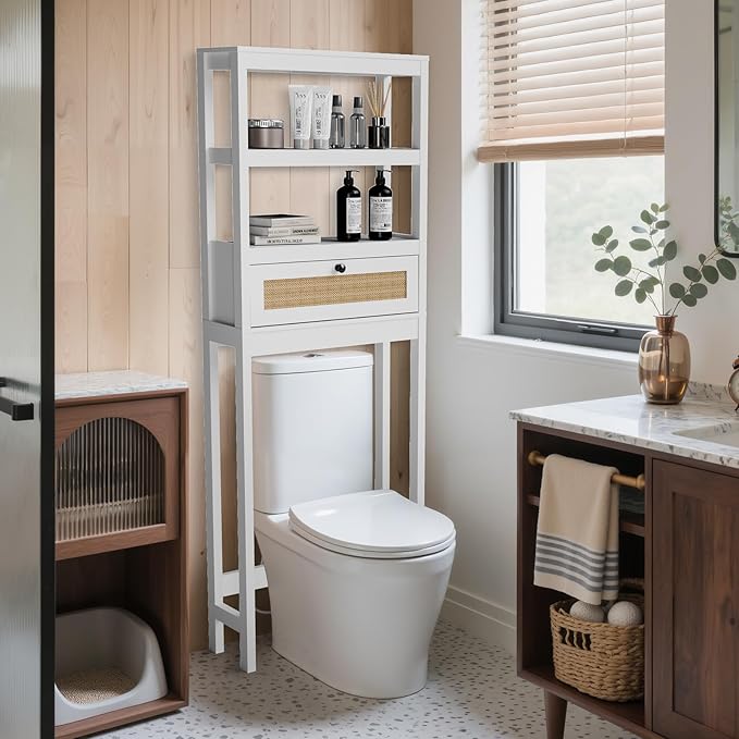 Over The Toilet Storage Cabinet, Behind Toilet Bathroom Organizer with Adjustable Shelves, Above Toilet Organizers with Rattan Door, Space Saver for Restroom, Bathroom, Laundry