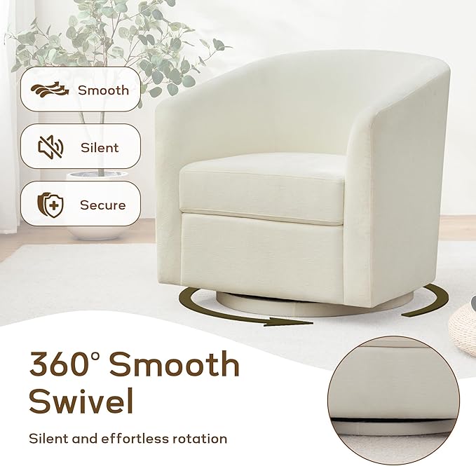 Chenille Swivel Accent Chairs Set of 2, No Assembly Upholstered Armchair, 360° Rotating Barrel Chairs for Living Room, Bedroom, Apartment & Reading Nook (2, Cream White)