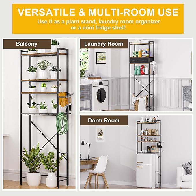 Over Toilet Bathroom Organizer with 2 Storage Cubes, 4-Tier Adjustable Metal Toilet Storage Shelves for Towels, Toilet Paper, Toiletries, Easy Assembly Freestanding Small Space Saver