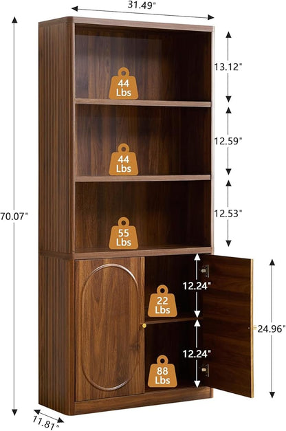 70.8" Tall Fluted Bookshelf with Storage Cabinet, Modern 5-Tier Wood Bookcase with Open Display Storage Shelf, Gold Handles for Office Living Room (Walnut)