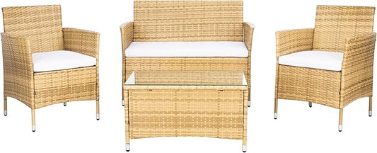 SAFAVIEH Outdoor Collection Bandele Natural/White Cushion 4-Piece Conversation Patio Set PAT7506D
