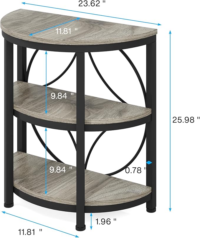 Tribesigns Half Round End Table for Living Room Set of 2, 3-Tier Half Side Table with Metal Frame, Industrial Half Moon Table with Storage Shelves for Entryway, Bedroom, Grey