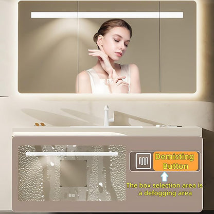 44in Elegant Modern Luxury Bathroom Vanity with Sink - Wall Mounted Solid Wood Cabinet & Smart LED Defogging Mirror | Single Sink Bathroom Cabinets