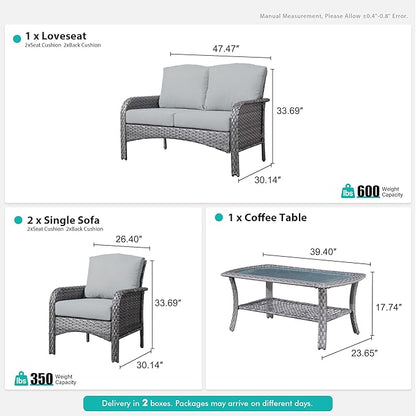 4 Pieces Wicker Patio Furniture - All-Weather PE Wicker Outdoor Conversation Bistro Set Loveseat Chairs with Table,Outdoor Rattan Sofa Chair High Back Deep Seating,Grey