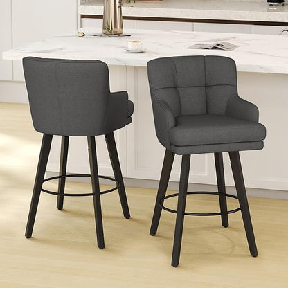 360°Swivel Counter Height Bar Stools with Back, 30 inch Solid Wood Legs, Bar Stool Modern Kitchen Island Chairs, Fabric (Black Grey- Fabric, 30" H- Set of 3)