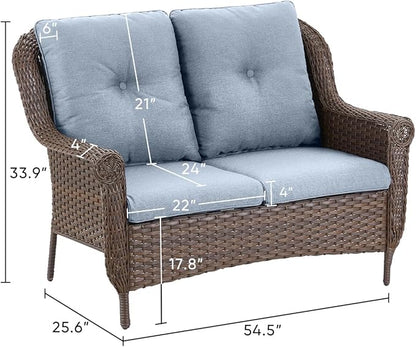 Patio Loveseat Outdoor Wicker Sofa - Heavy Duty All-Weather Brown Rattan 2-Person Sofas with High Back and Comfortable Thick Cushions for Garden Back Porch Poolside Apartment - Baby Blue