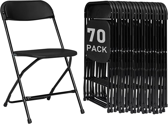 70 Pack Black Plastic Folding Chairs, Portable Party Chairs, Stackable Commercial Seats with Steel Frame for Home Office Wedding Party Indoor Outdoor Events Chairs, 350lbs Capacity
