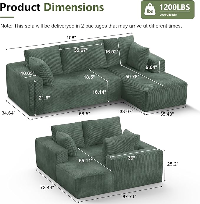 108” Cloud Sectional Couch, Modular Sectional Sofa with Deep Seat, Corduroy Boneless Couches with Chaise for Living Room Bedroom, No Assembly Required